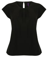 Women's pleat front short sleeve blouse — Black