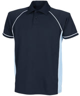 Kids piped performance polo — Navy/Sky/White