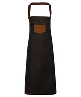 Division waxed-look denim bib apron with faux leather — Black/Tan Denim