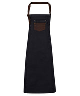 Division waxed-look denim bib apron with faux leather — Indigo/Brown Denim