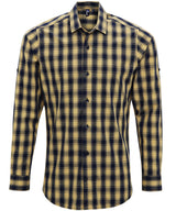 Mulligan check cotton long sleeve shirt — Camel/Navy