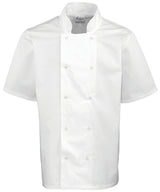 Studded front short sleeve chef's jacket — White