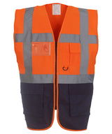 Multifunctional executive hi-vis waistcoat (HVW801) — Orange/Navy