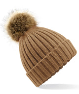 Fur pop pom chunky beanie — Biscuit