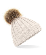 Fur pop pom chunky beanie — Oatmeal