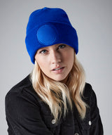 Circular patch beanie — lifestyle
