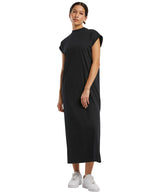 Women’s long extended shoulder dress — lifestyle