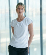 Women's pleat front short sleeve blouse — lifestyle