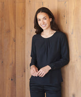 Women's pleat front long sleeve blouse — lifestyle