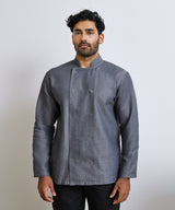 Denim chef's jacket — lifestyle