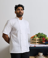 Studded front short sleeve chef's jacket — lifestyle