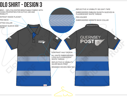 Clothing Wear design proof for the Guernsey Post polo shirt, annotated with reflective ISO 20471 tape, embroidered emblems and pen holder details