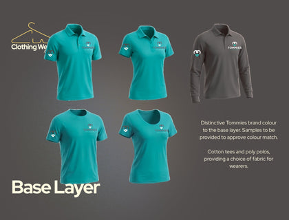 Clothing Wear design proof for the Tommies Childcare base layer uniform: teal polo shirts and a grey softshell with brand colour matching notes